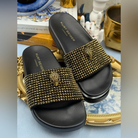 🆕 KURT GEIGER LONDON 🧿 NWOB Meena Eagle Black & Gold Studded Slide, Sz 6.5 - Picture 7 of 13